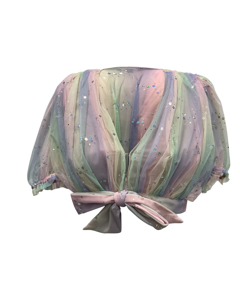 Front of a size XL Smak Parlour Rainbow Ombre Roller Queen Crop Blouse in Rainbow by Smak Parlour. | dia_product_style_image_id:299070